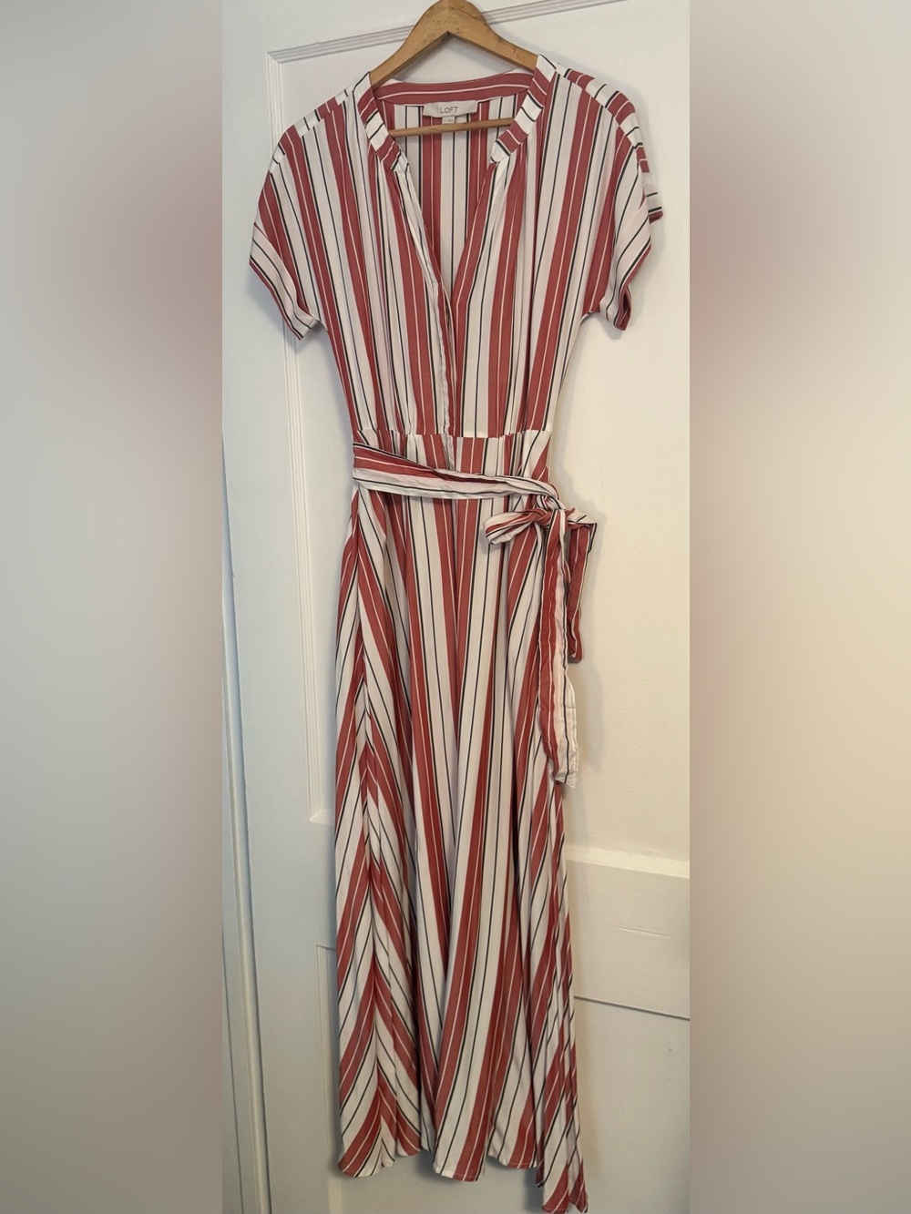 LOFT Striped Wrap Maxi Dress in Rust and White